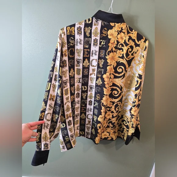 VERSACE 100% silk gold black Hibiscus Baroque Virtus Alphabet shirt S size mens - Picture 10 of 16